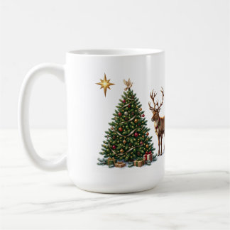 Kerstboom versierd met een rendier en cadeaus koffiemok