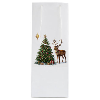 Kerstboom versierd met een rendier en cadeaus wijn cadeautas