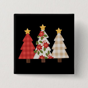 Kerstboom Vintage Patchwork Lieve Feestdag  Vierkante Button 5,1 Cm
