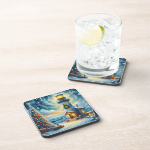 Kerstboom Vuurtoren Nautische Kust Blauw Bier Onderzetter