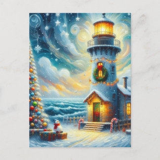 Kerstboom Vuurtoren Nautische Kust Blauw Briefkaart