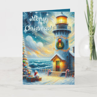 Kerstboom Vuurtoren Nautische Kust Blauw Feestdagen Kaart