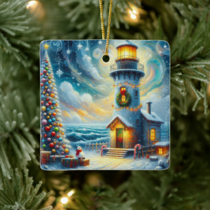 Kerstboom Vuurtoren Nautische Kust Blauw Keramisch Ornament