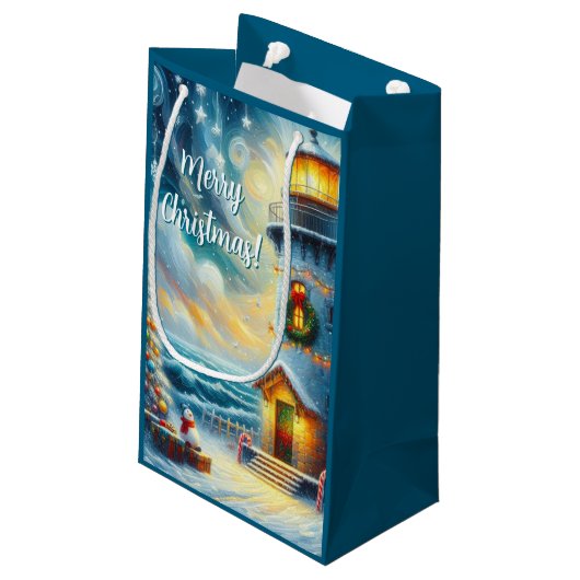 Kerstboom Vuurtoren Nautische Kust Blauw Klein Cadeauzakje (Achterkant Gekanteld)