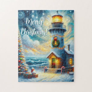 Kerstboom Vuurtoren Nautische Kust Blauw Legpuzzel