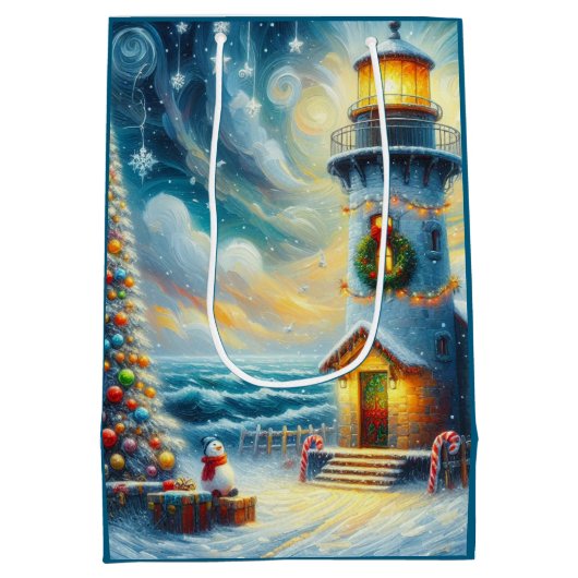 Kerstboom Vuurtoren Nautische Kust Blauw Medium Cadeauzakje (Achterkant)