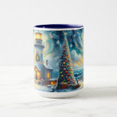Kerstboom Vuurtoren Nautische Kust Blauw Mok (Midden)