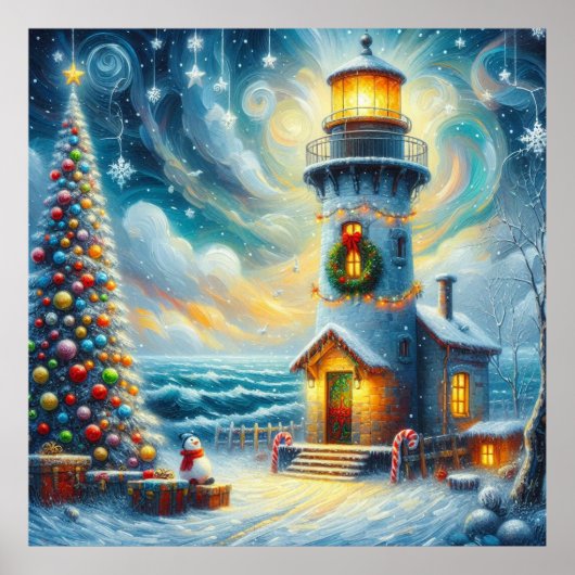 Kerstboom Vuurtoren Nautische Kust Blauw Poster (Voorkant)