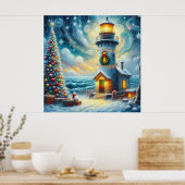 Kerstboom Vuurtoren Nautische Kust Blauw Poster (Keuken)