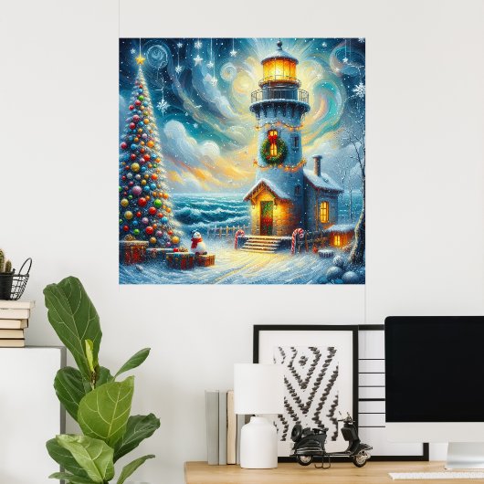 Kerstboom Vuurtoren Nautische Kust Blauw Poster (Thuiskantoor)
