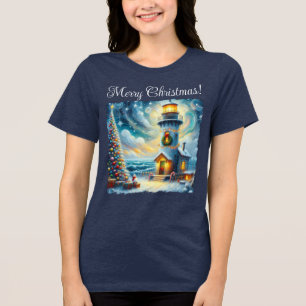 Kerstboom Vuurtoren Nautische Kust Blauw Tri-Blend Shirt