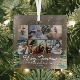 Kerstboom Waterverf Familie 6 Foto Collage Glas Ornament