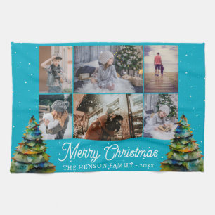 Kerstboom Waterverf Familie 6 Foto Collage Theedoek