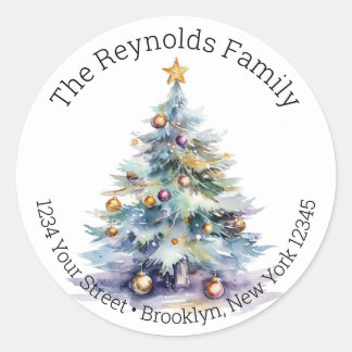 Kerstboom - Waterverf retour adreslabels Ronde Sticker