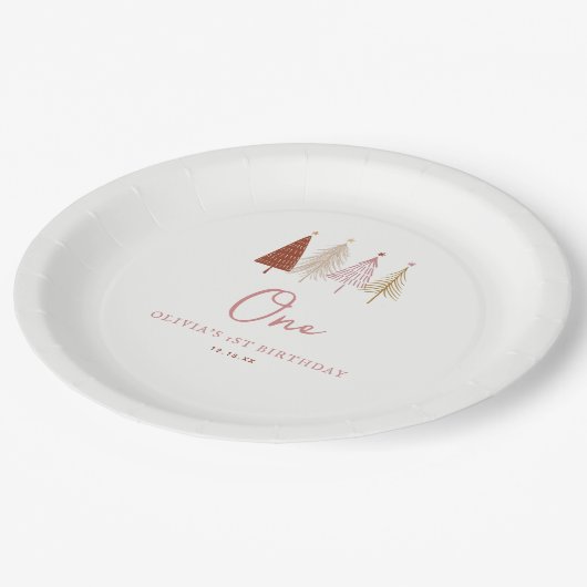 Kerstboom Winter Onederland Meisje 1e Verjaardag Papieren Bordje (Gekanteld)