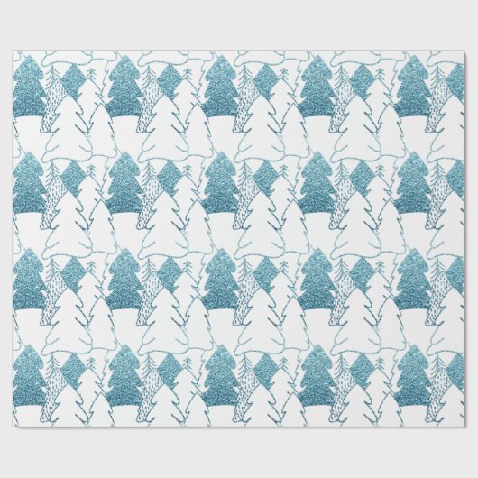 Kerstboom Wit Fancy glitter Ice Blue Snow Cadeaupapier (Vlak)