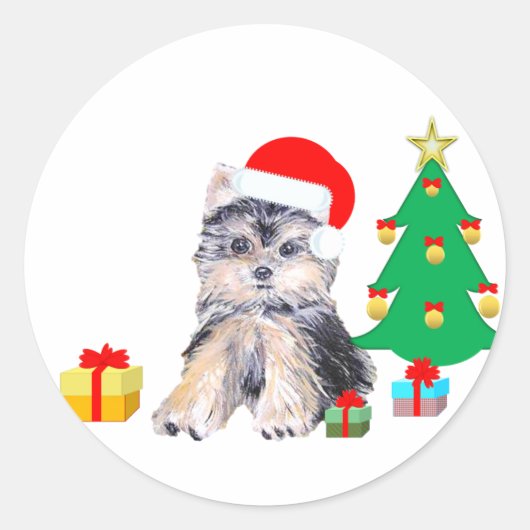 Kerstboom, Yorkshire puppy dog & giften Ronde Sticker (Voorkant)