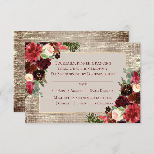 kerstboomkalk Boho Floral Marsala Burlap Entree RSVP Kaartje (Voorkant / Achterkant)