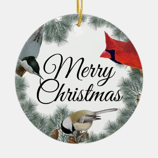 kerstboomkardinaal Nuthatch Chickadee Pine Keramisch Ornament (Voorkant)
