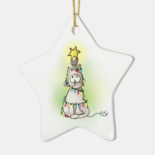 kerstboomkat en muis met glimmende ster keramisch ornament