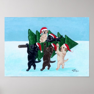 Kerstboomlabradors in het sneeuwveldwerk poster
