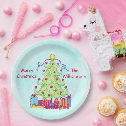 kerstboomnaam Persoonlijke Turquoise Party Papieren Bordje (Feest)