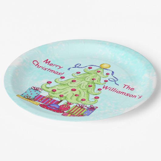 kerstboomnaam Persoonlijke Turquoise Party Papieren Bordje (Gekanteld)
