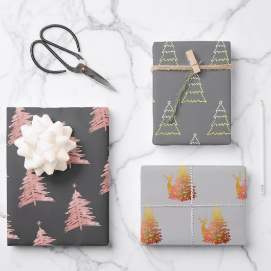 kerstboompatronen set van 3 grijs inpakpapier vel (Voorkant)