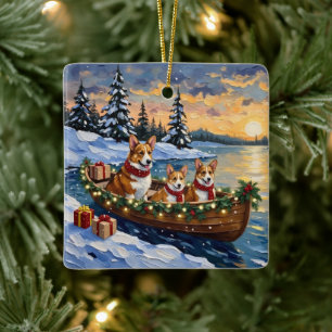 Kerstboot Vakantie voor Corgi Keramisch Ornament