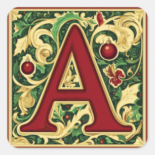Kerstbrief A: rood en groen met gouden accent Vierkante Sticker