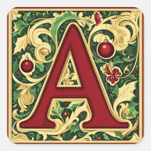 Kerstbrief A: rood en groen met gouden accent Vierkante Sticker (Voorkant)