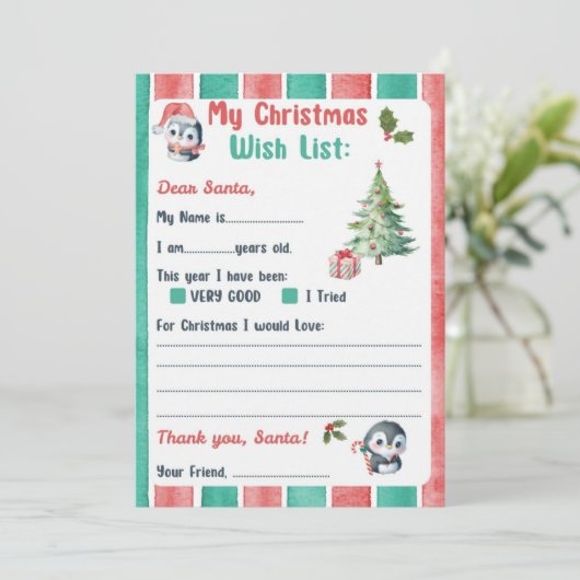 Kerstbrief naar het Santa Penguin-thema Kaart (Staand voorkant)