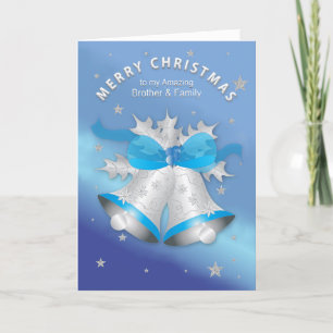 Kerstbroer en familie zilveren blauw omhullen kaart