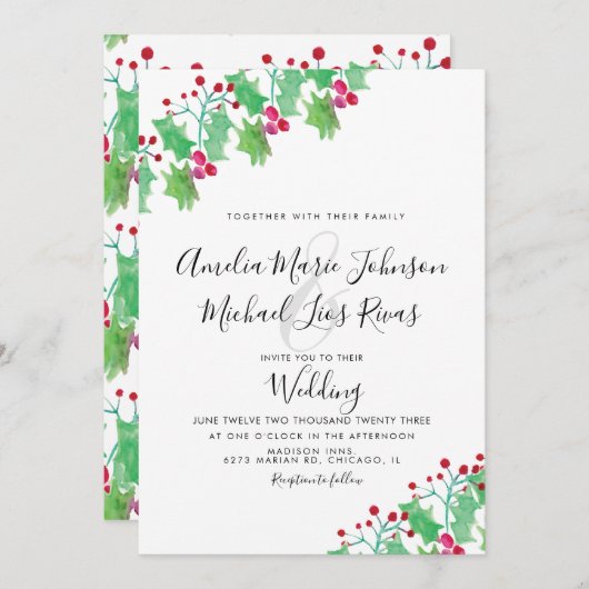 Kerstbruiloft Elegant Script Waterverf Berry Kaart (Voorkant / Achterkant)