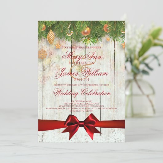 Kerstbruiloft Gold Decorations & Red Ribbon Kaart (Staand voorkant)