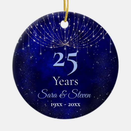 Kerstbruiloft jubileum blauwe zilveren glitter keramisch ornament (Voorkant)