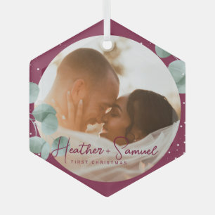 Kerstbruiloft Keepsake Elegant Script Bourgondië Glas Ornament