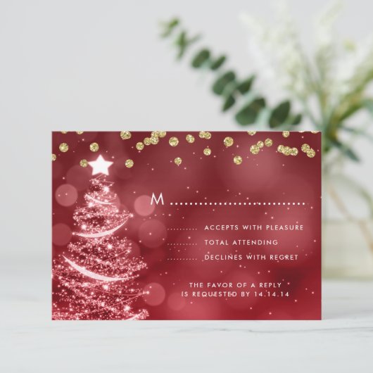 Kerstbruiloft RSVP Sparkle Tree Gold Red (Staand voorkant)