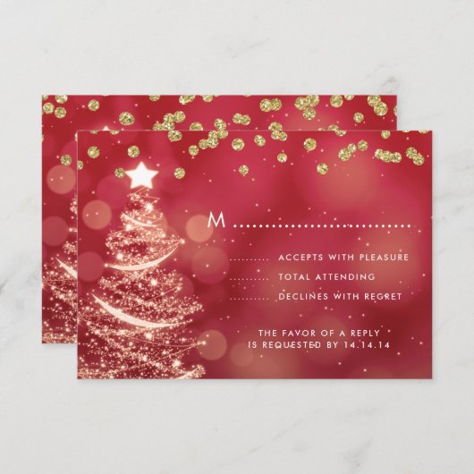 Kerstbruiloft RSVP Sparkle Tree Rood Goud (Voorkant / Achterkant)