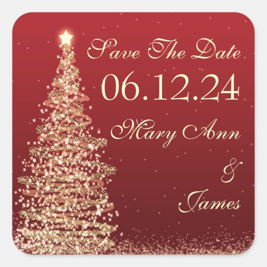 Kerstbruiloft Save De datum Rood Goud Vierkante Sticker (Voorkant)
