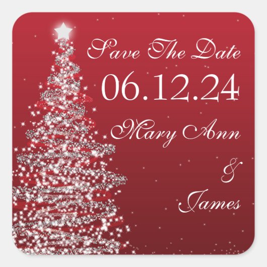 Kerstbruiloft Save The Date Rood Zilver Vierkante Sticker (Voorkant)