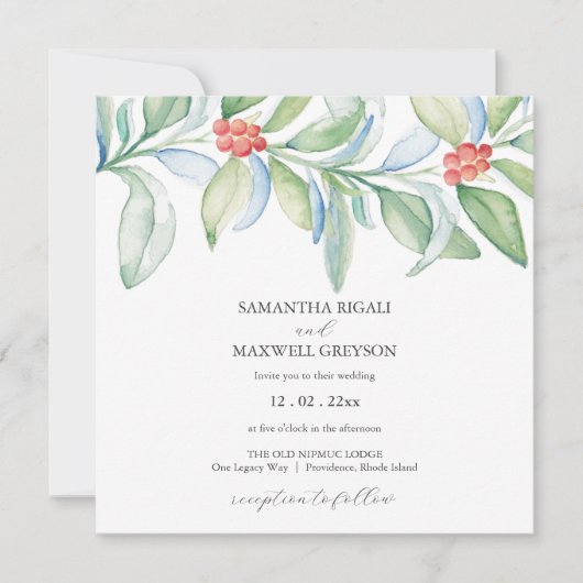 Kerstbruiloft Uitnodigingen Waterverf Groen (Voorkant)