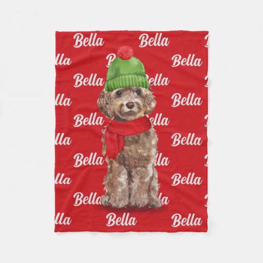 Kerstbruin Cockapoo Santa Dog's naam Fleece Deken (Voorkant)