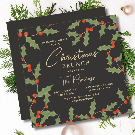 KerstBrunch Elegant Modern Holly Floral Kaart