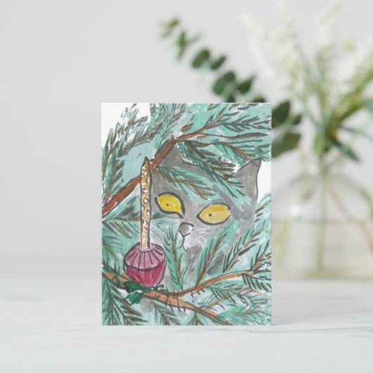 Kerstbubbel licht en Kat Feestdagenkaart (Staand voorkant)