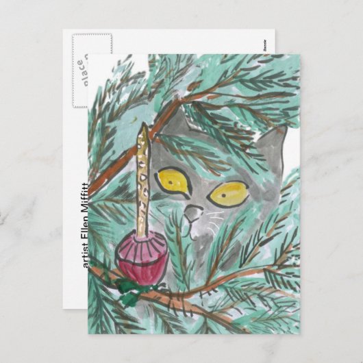 Kerstbubbel licht en Kat Feestdagenkaart (Voorkant / Achterkant)
