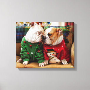 Kerstbulledogs in Sweaters Canvas Afdruk