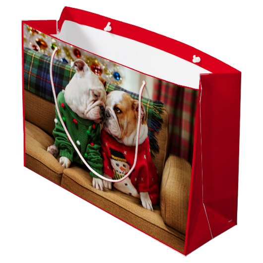 Kerstbulledogs in Sweaters Groot Cadeauzakje (Achterkant Gekanteld)