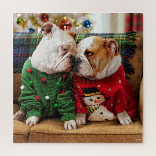 Kerstbulledogs in Sweaters Legpuzzel (Verticaal)