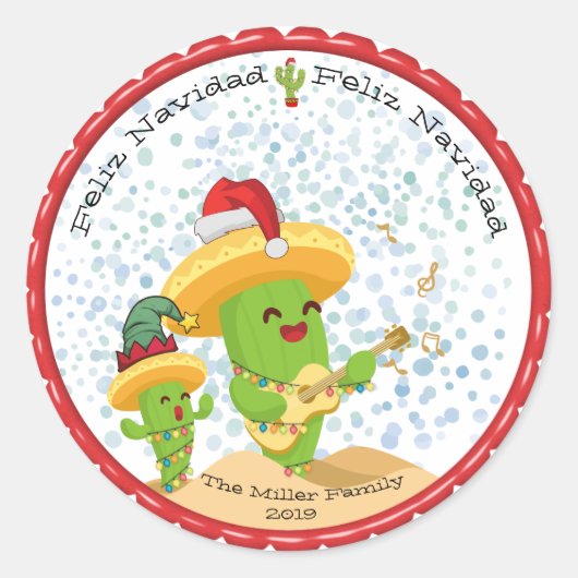 Kerstcactus Feliz Navidad Ronde Sticker (Voorkant)